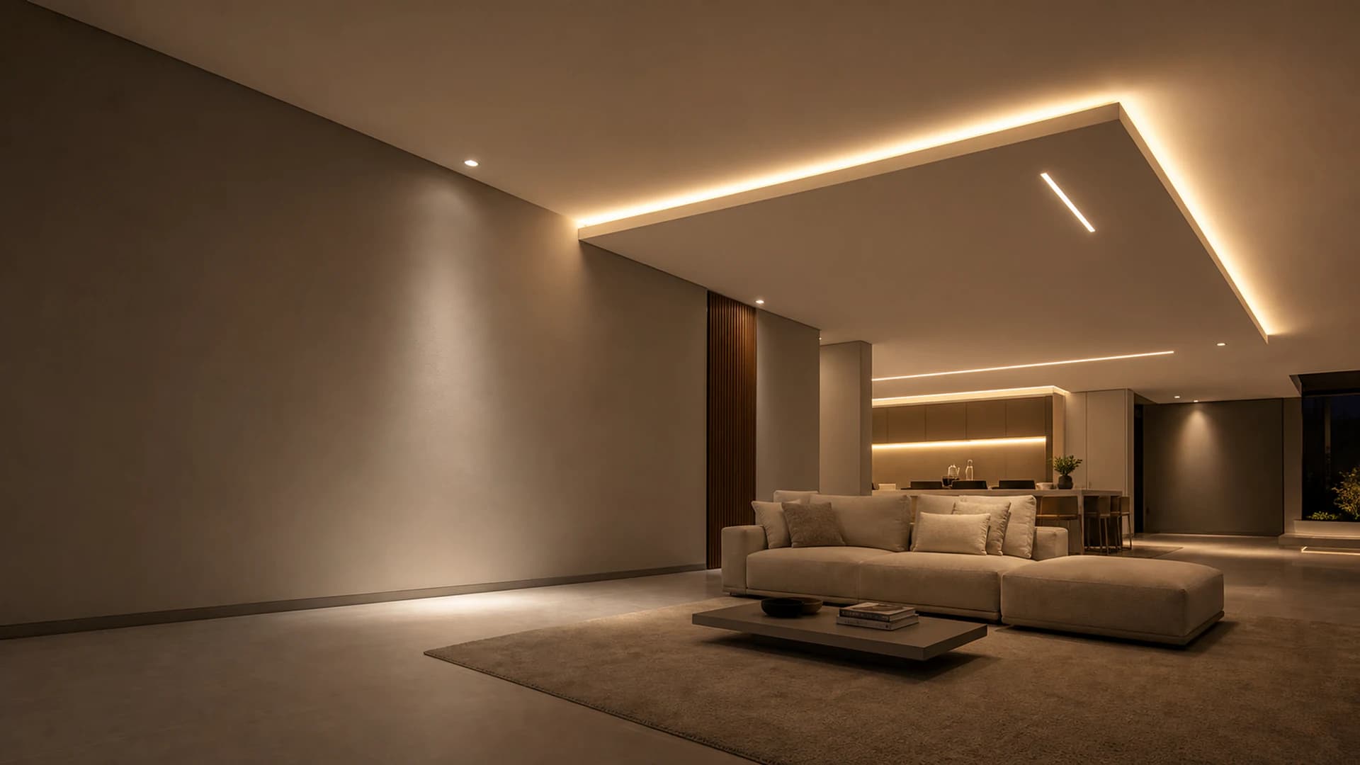 Sala noturna com forro de drywall em dois níveis e linhas de luz
