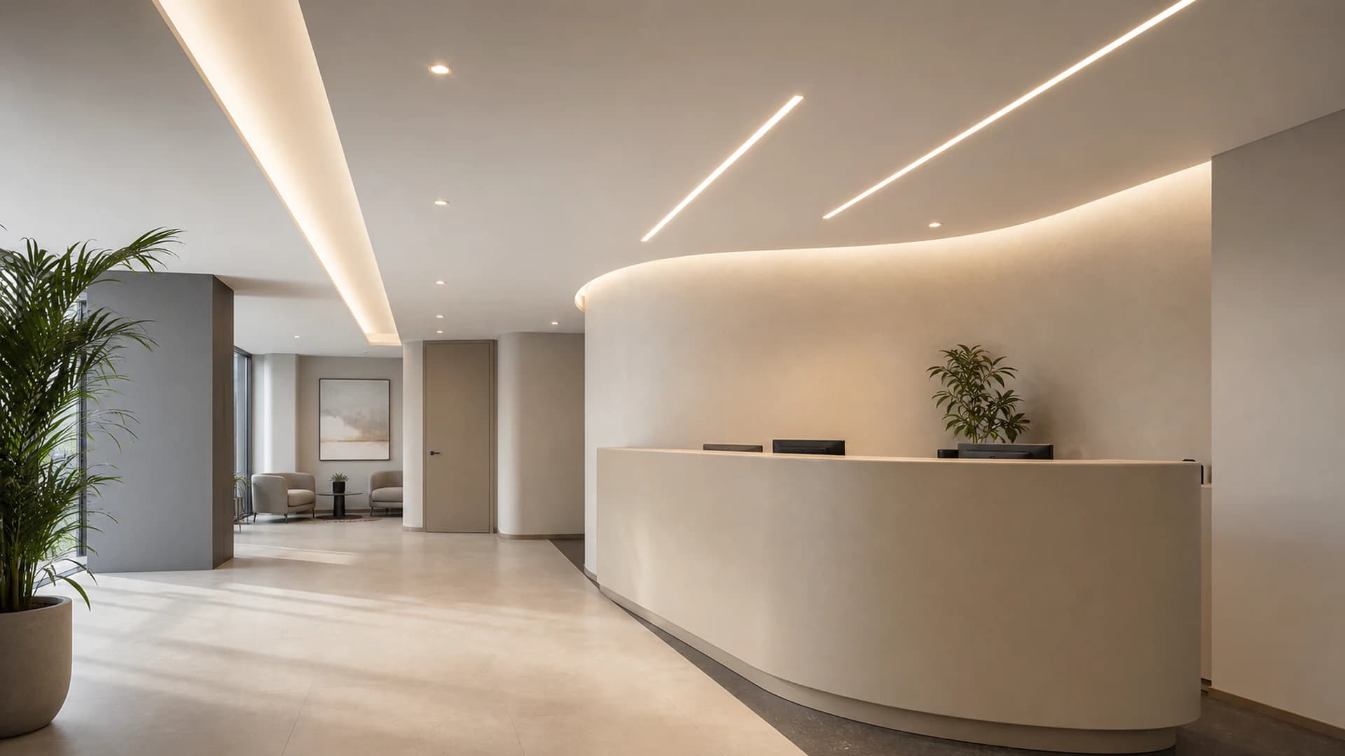 Recepção comercial com teto contínuo e balcão curvo em drywall