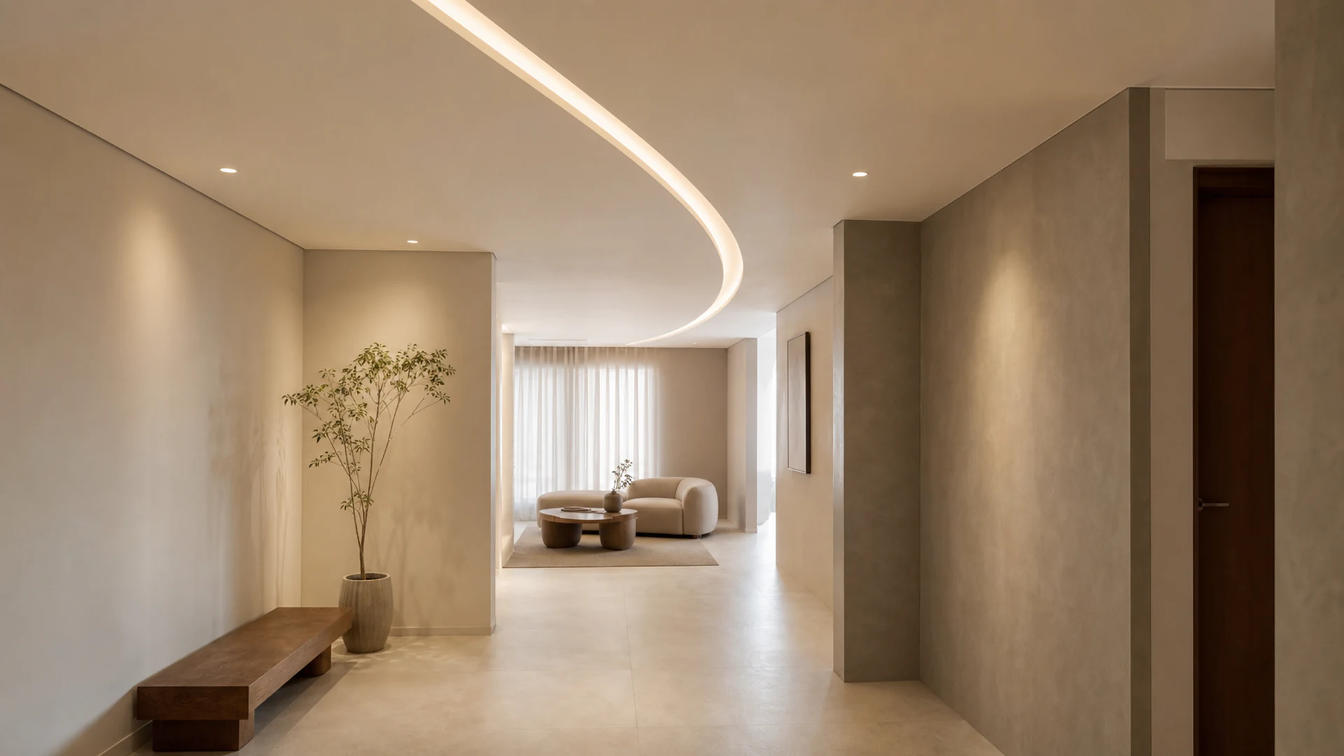 Forro de drywall orgânico com rasgo de luz curvo