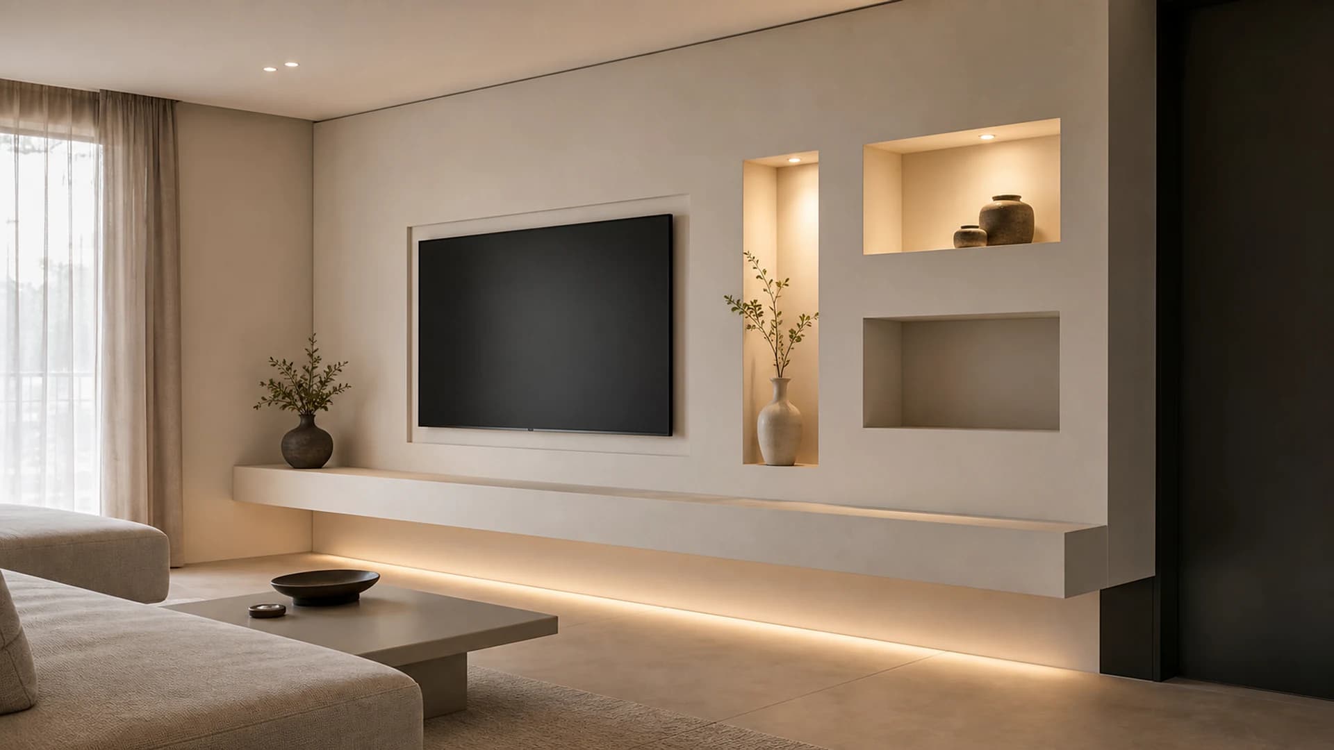 Painel monolítico de drywall com nichos, televisão e bancada